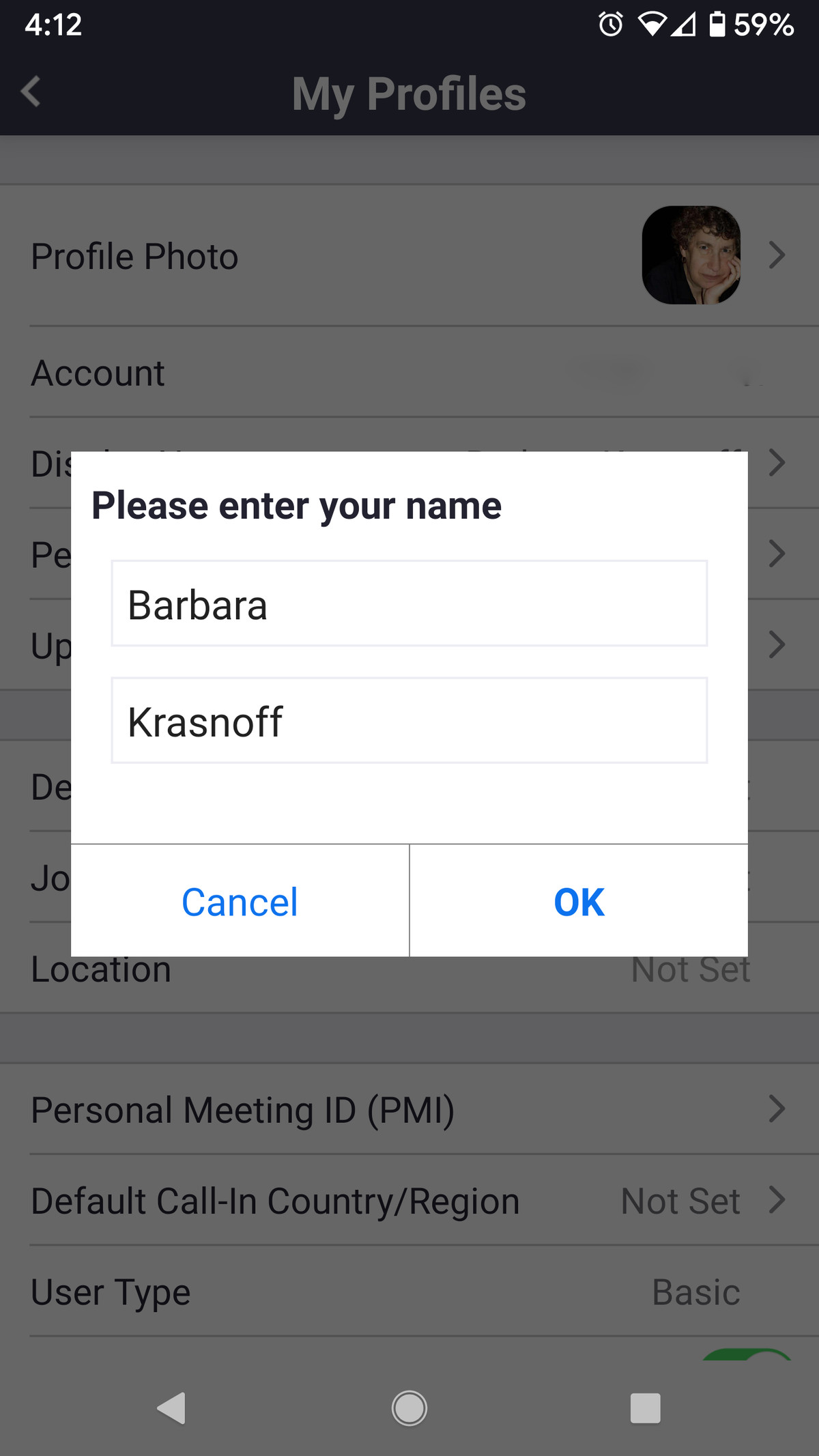 Change your name in the pop-up window.