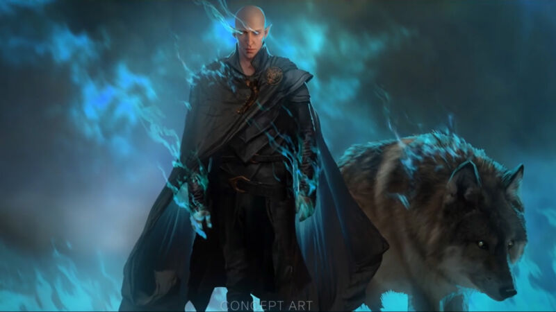 Solas, accompanied by a very large wolf, looking angry and glowing blue.