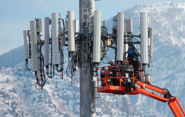 Up close with a cellular transmission tower.