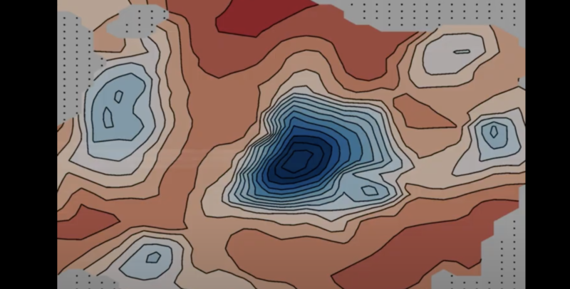 Red and blue color-coded contour lines depict under-ice lakes.