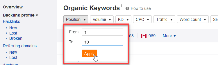 filter results to find organic keywords for featured snippets
