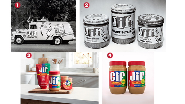 Top left: photo of a jif peanut butter truck; top right: three jif peanut butters in glass jars; bottom left: jif peanut butter in plastic containers and squeezable tubes; bottom right: peanut butter jars that say gif and jif