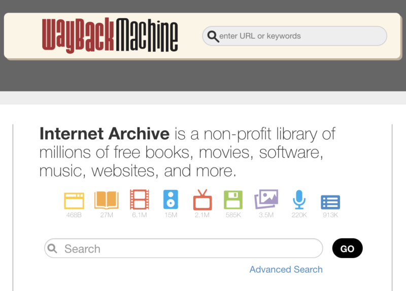 Screenshot of the Internet Archive's home page, describing the site as