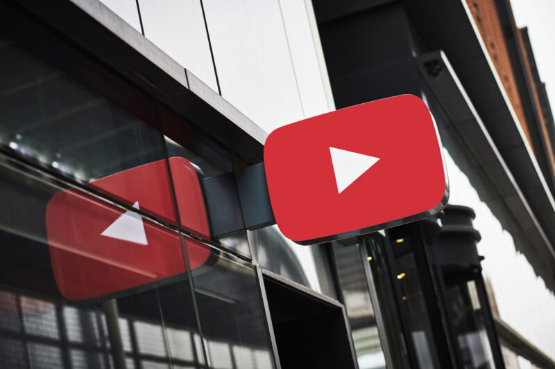 A sign featuring the YouTube logo, outside the YouTube Space studios in London on June 4, 2019. 