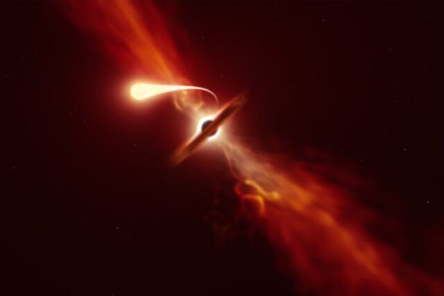 Artist's impression of a star being tidally disrupted by the powerful gravity of a supermassive black hole.