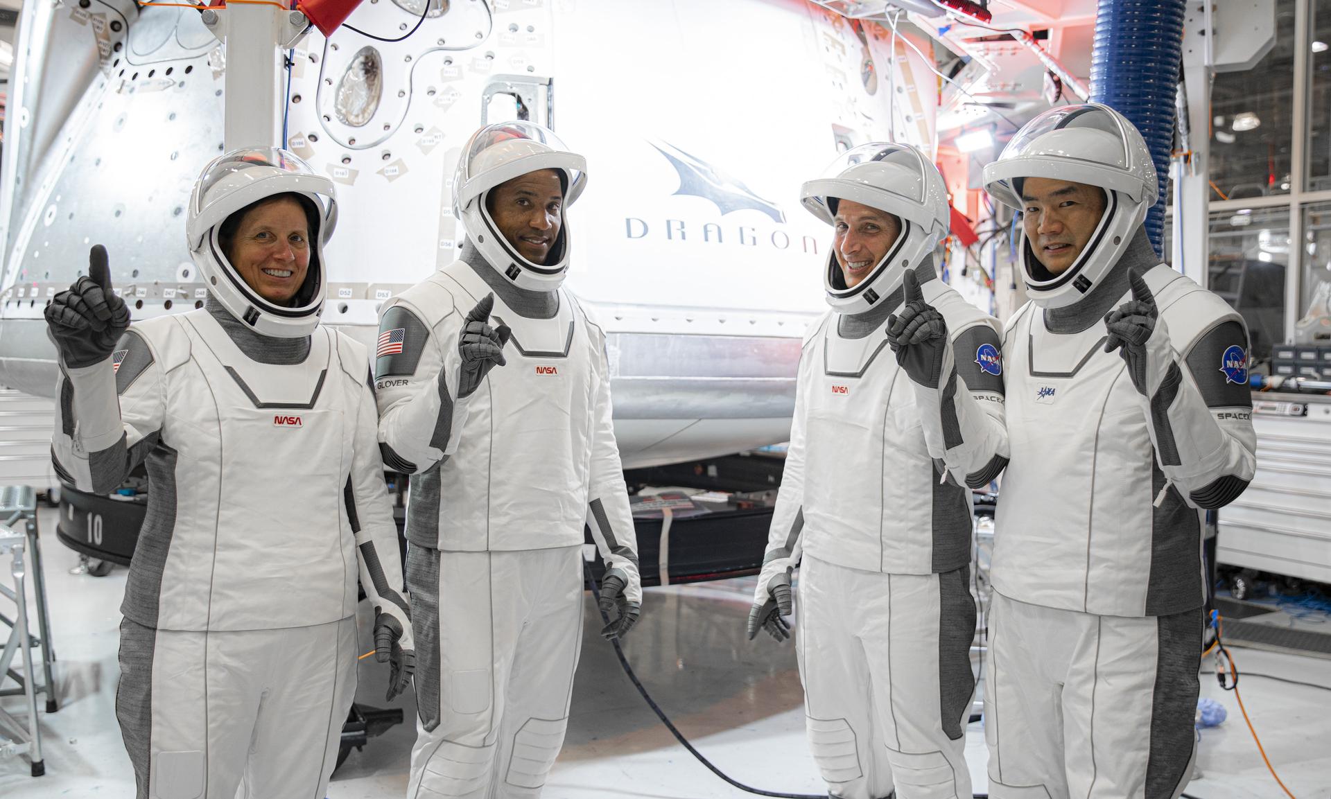 All for one, Crew-1 for all: Shannon Walker, pilot Victor Glover, and Crew Dragon commander Michael Hopkins, all NASA astronauts, and mission specialist Soichi Noguchi, Japan Aerospace Exploration Agency astronaut.