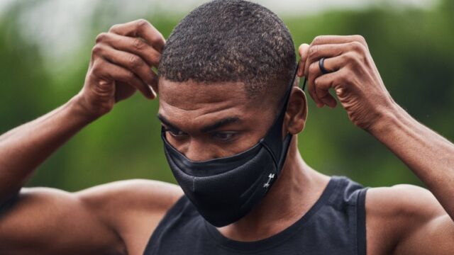 The UA Sportsmask features three layers of protection, water resistance, and breathability and a shape that keeps you from swallowing it with every gasp.