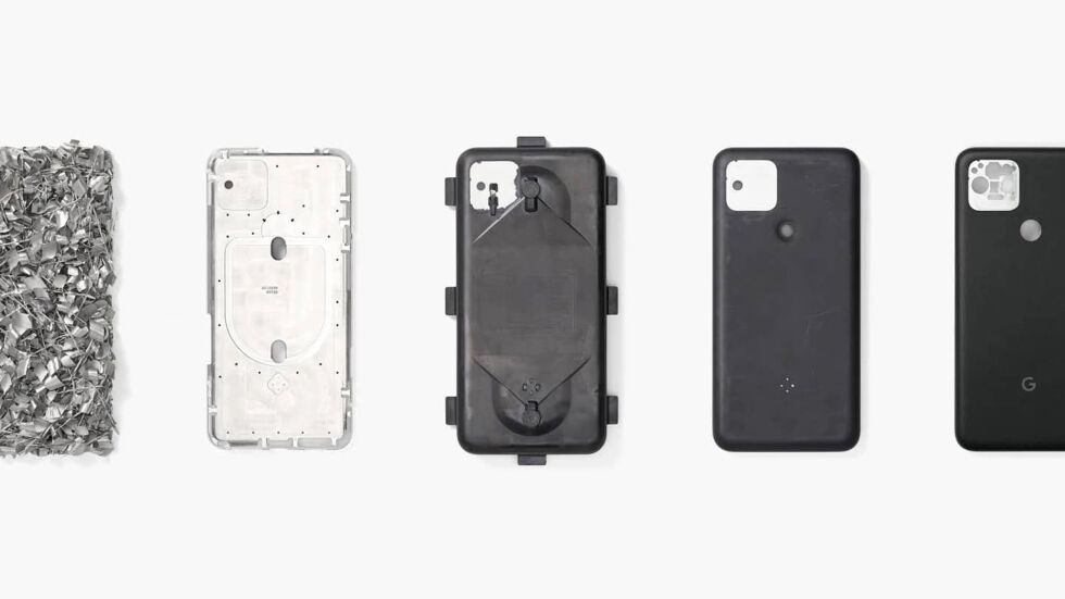 Google's picture showing the steps in the Pixel 5 build process. The second from the left shows the bare aluminum body, which has a ton of holes punched in it for wireless charging and mmWave. From there, it goes in a mold and gets covered in resin.