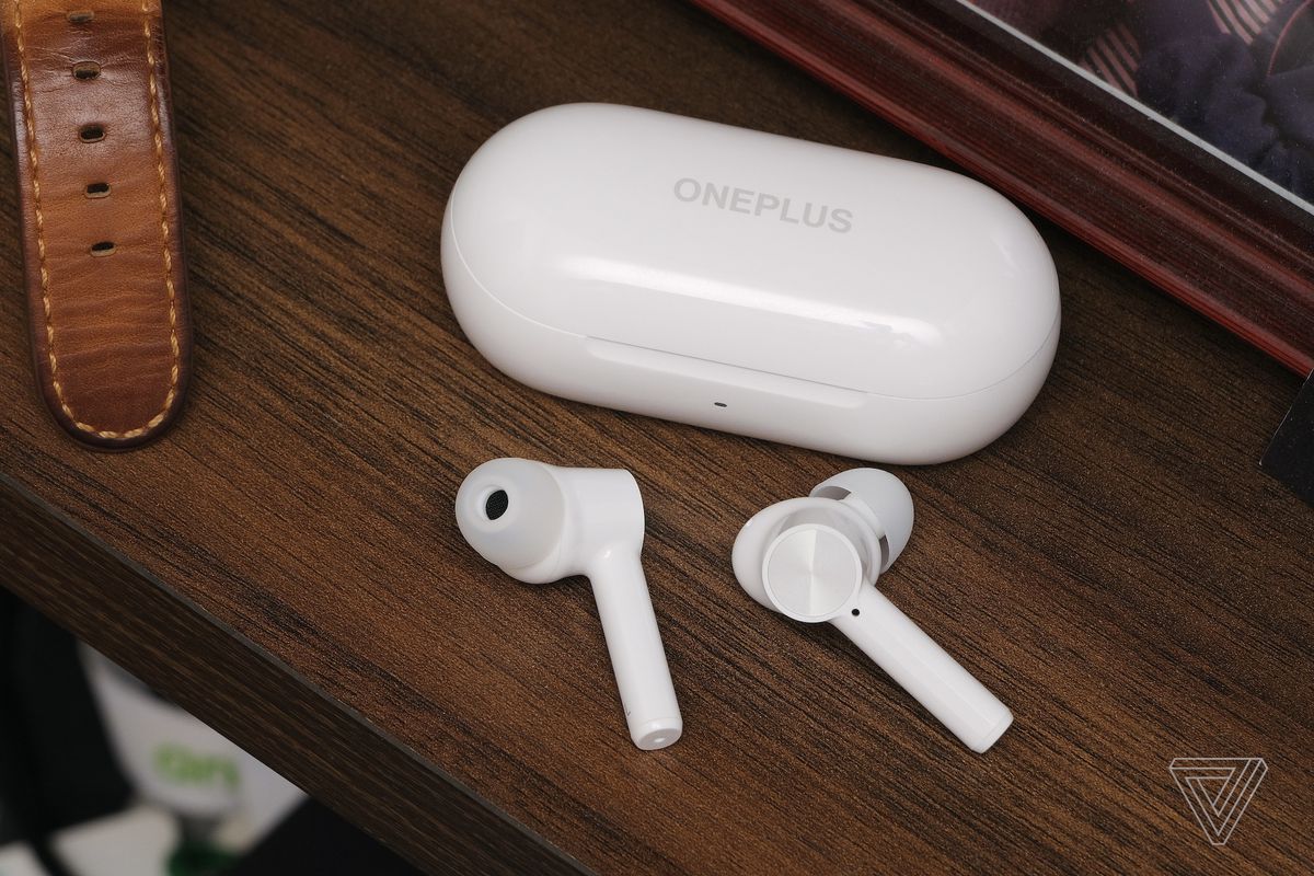The OnePlus Buds Z, pictured on a shelf, are great budget wireless earbuds that cost only $50.