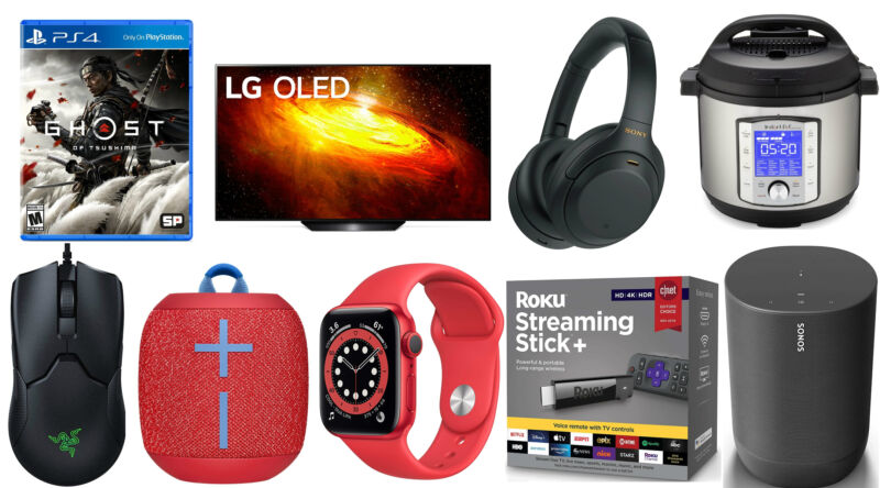 A collage of electronic consumer goods against a white background.