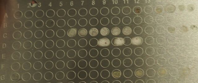 A matrix-assisted laser desorption/ionization (MALDI) preparation plate.