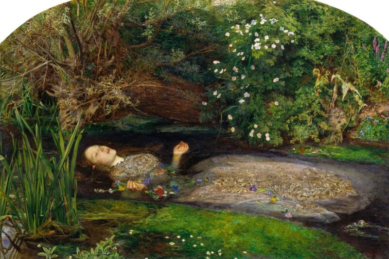 <em>Ophelia</em> (1852) by John Everett Millais, inspired by the character in Shakespeare's <em>Hamlet</em>, who goes mad and drowns in a brook. It can be challenging for forensic scientists to determine how long a dead body has been submerged in water.