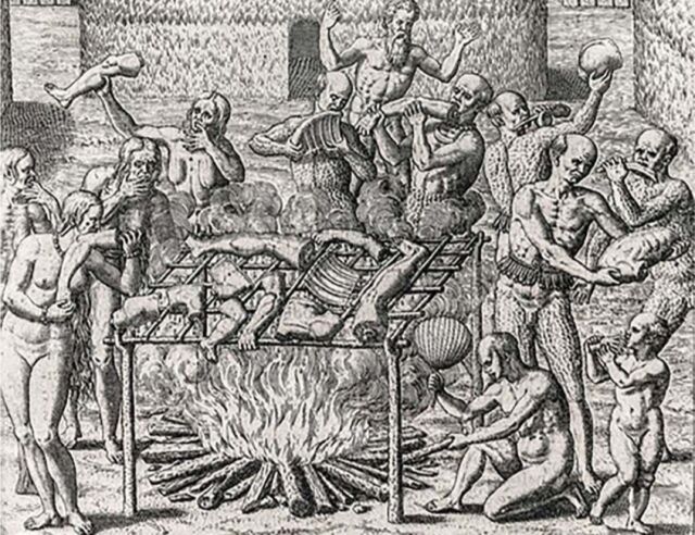 Cannibalism in Brazil depicted by Theodor de Bly, 1596.