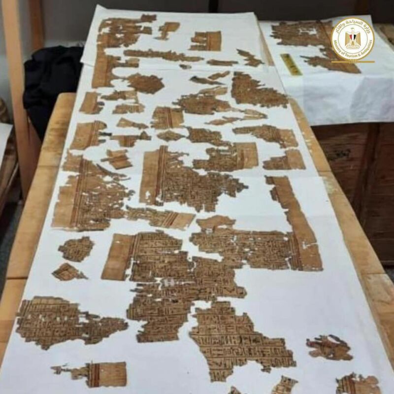 Color photo of fragments of papyrus laid out on a table