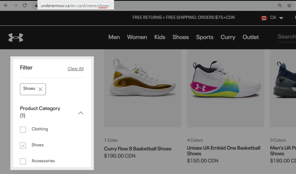 Ecommerce site's SEO tips - filters-on-underarmour-site