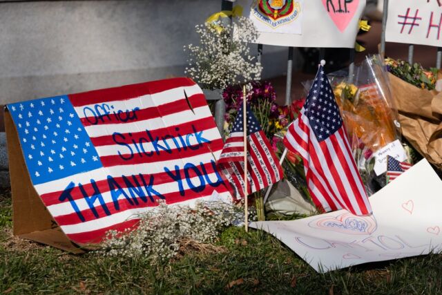 A memorial honoring Officer Brian Sicknick, who was beaten to death by rioters who stormed the US Capitol.