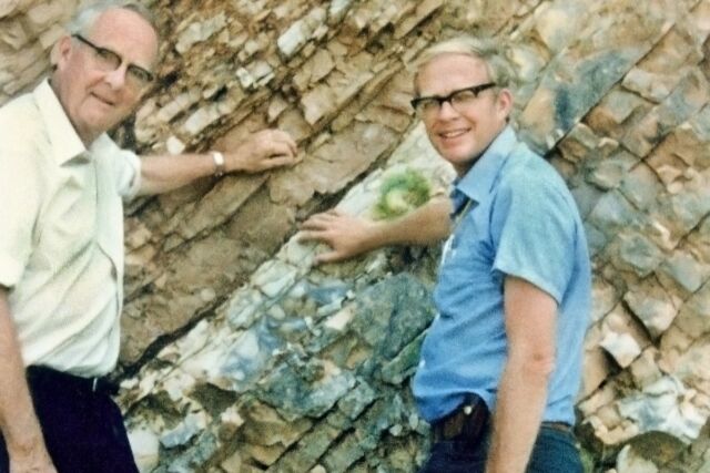 Luis Alvarez, left, and his son Walter, right, at the K-T Boundary in Gubbio, Italy, 1981.