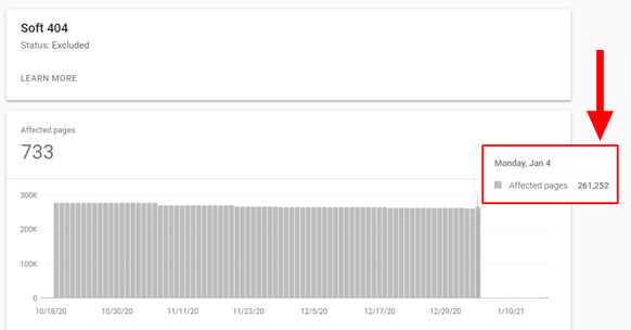screenshot of search console interface showing soft 404 errors