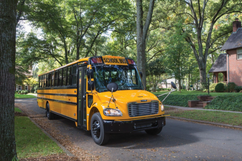 This is a Saf-T-Liner C2 Jouley school bus, built by Thomas Built Buses and equipped with an electric powertrain from Proterra.