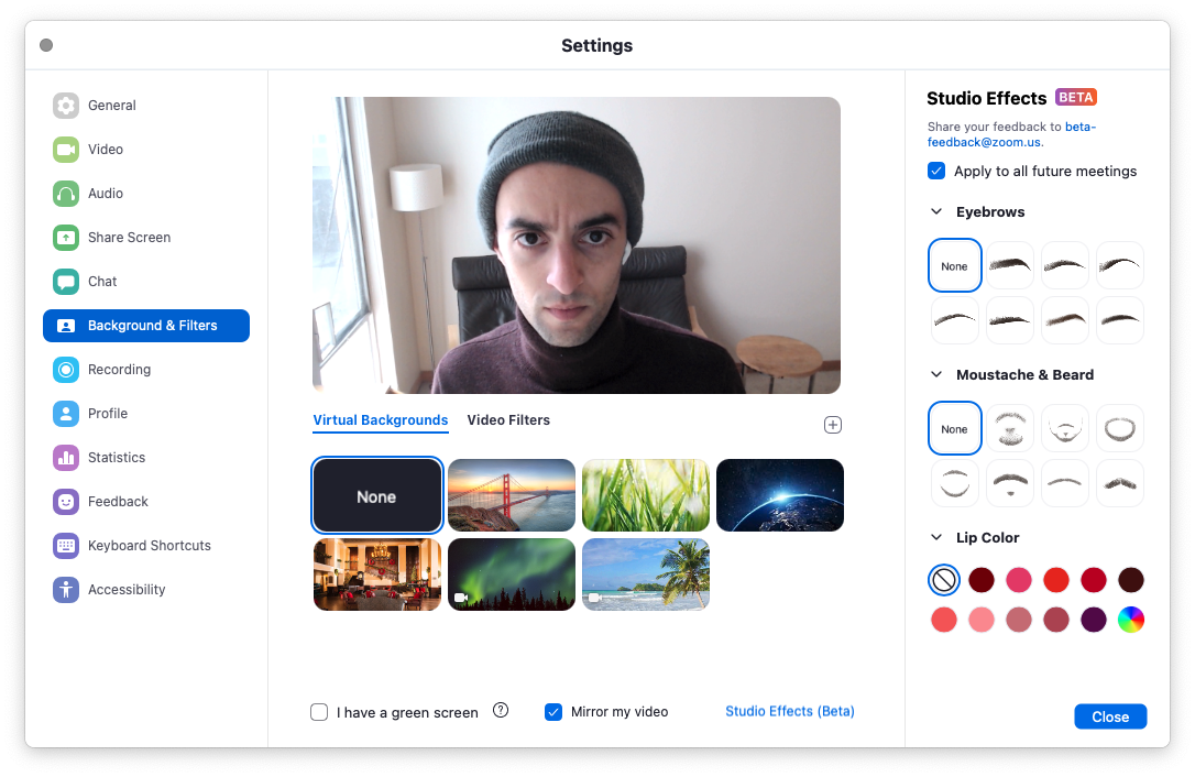 Click on “Studio Effects (Beta)” and you can change your look from this to the more interesting one above.