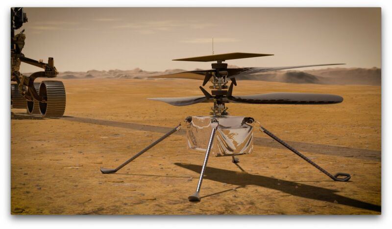 Artist's conception of a four-bladed drone on the Martian surface.