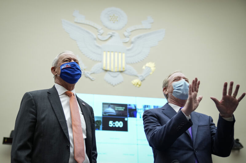 Rep. Ken Buck (R-Co.) and Microsoft president Brad Smith at a House hearing on regulation and competition in the news media industry on March 12, 2021. 