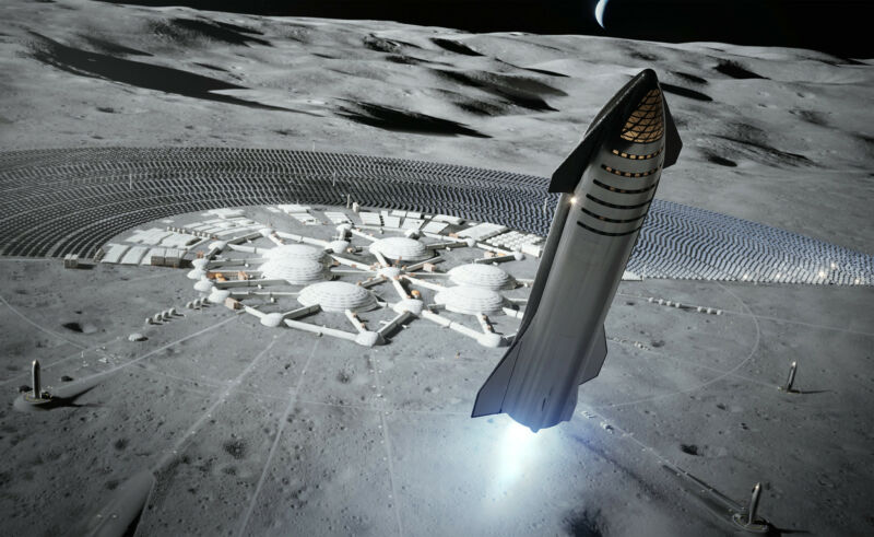 In the future, what might lunar exploration look like if NASA can send multiple Starships there each year? This SpaceX rendering offers a vision of one such future.