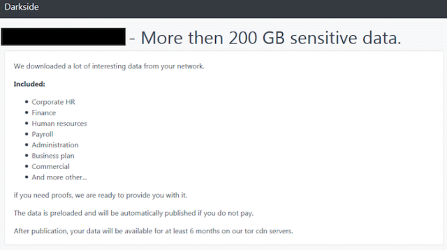 This sample threat was posted to DarkSide's dark web site in 2020, detailing attacks made on a threat management company.