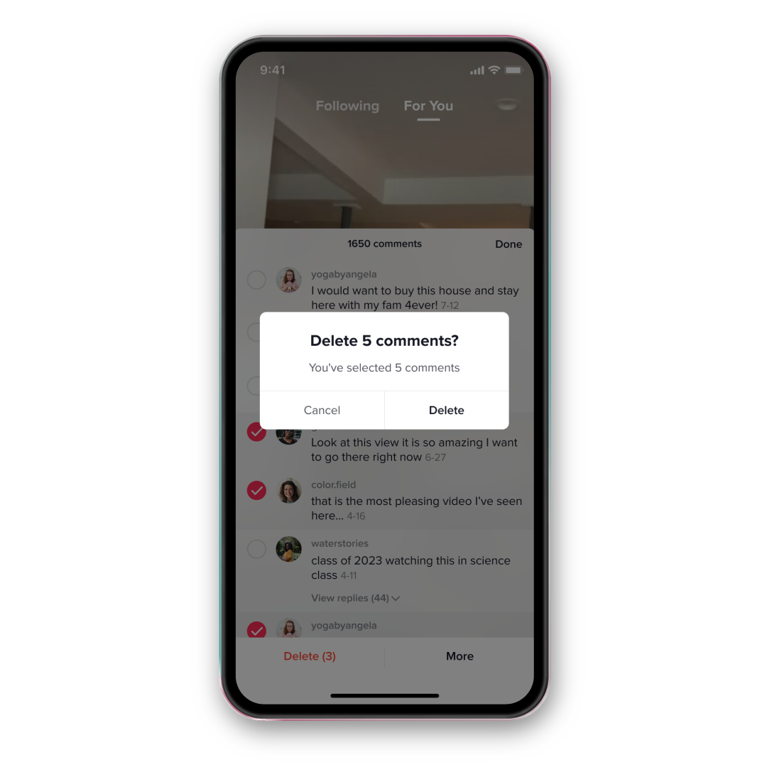 A pop-up in the middle of the screen reads, “Delete 5 comments? You’ve selected 5 comments” with the option to cancel or delete. Beneath the pop-up, comments are shown with boxes checked beside several of them.