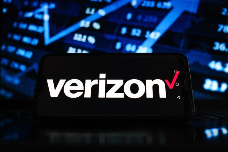 Illustration with a Verizon logo on a smartphone screen and a stock market graphic in the background.