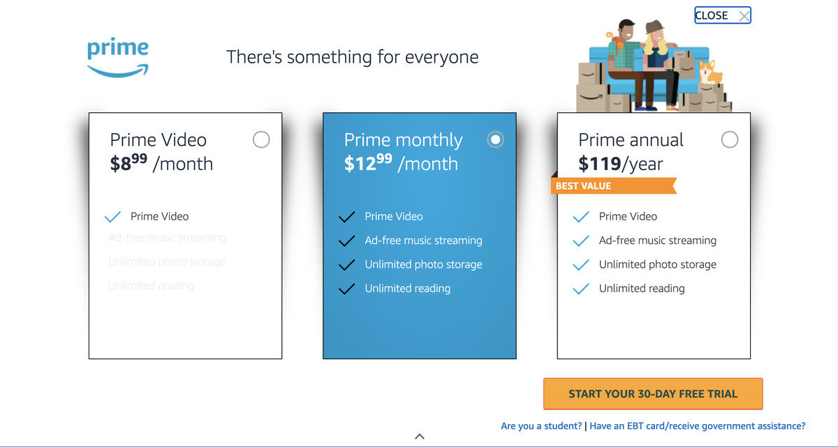 Besides its basic plan, Amazon offers video-only and plans for students and EBT / Medicaid users.