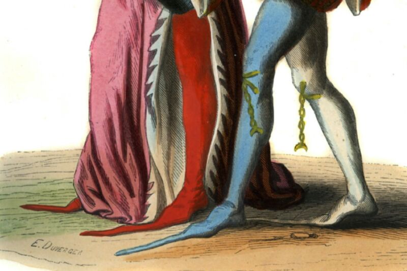 Detail showing fashionable pointed shoes of two English courtiers of Richard II, 14th century. One has two different colored shoes and chains hanging from his knees. Hand-painted copy of 14th-century art (c. 1847).