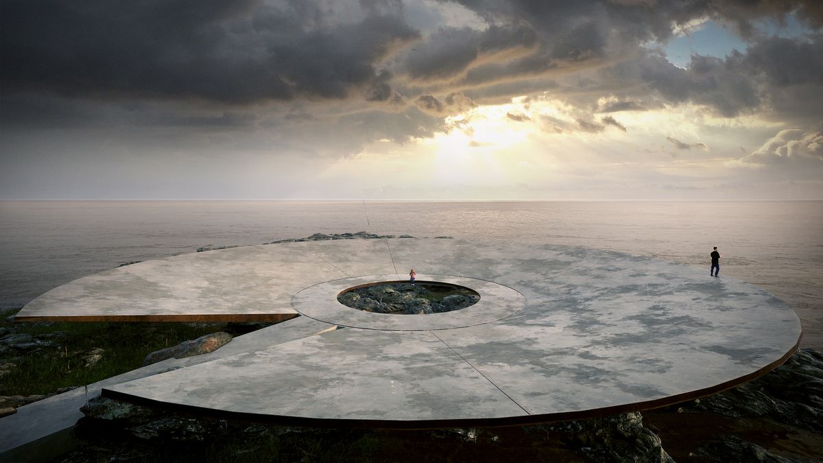 A concave concrete bowl with a hole in the middle is built out over the coast.