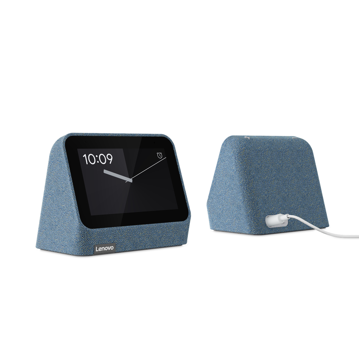 Two Lenovo Smart Clocks, one facing the camera and one facing away from the camera, on a white background. The screen displays the time 10:09.