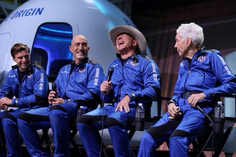 Blue Origin’s New Shepard crew, Oliver Daemen, Mark Bezos, Jeff Bezos, and Wally Funk hold a press conference after flying into space in the Blue Origin New Shepard on July 20, 2021 in Van Horn, Texas.