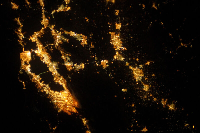 Night time image of the San Francisco Bay from space, showing the extensive habitation around the bay.