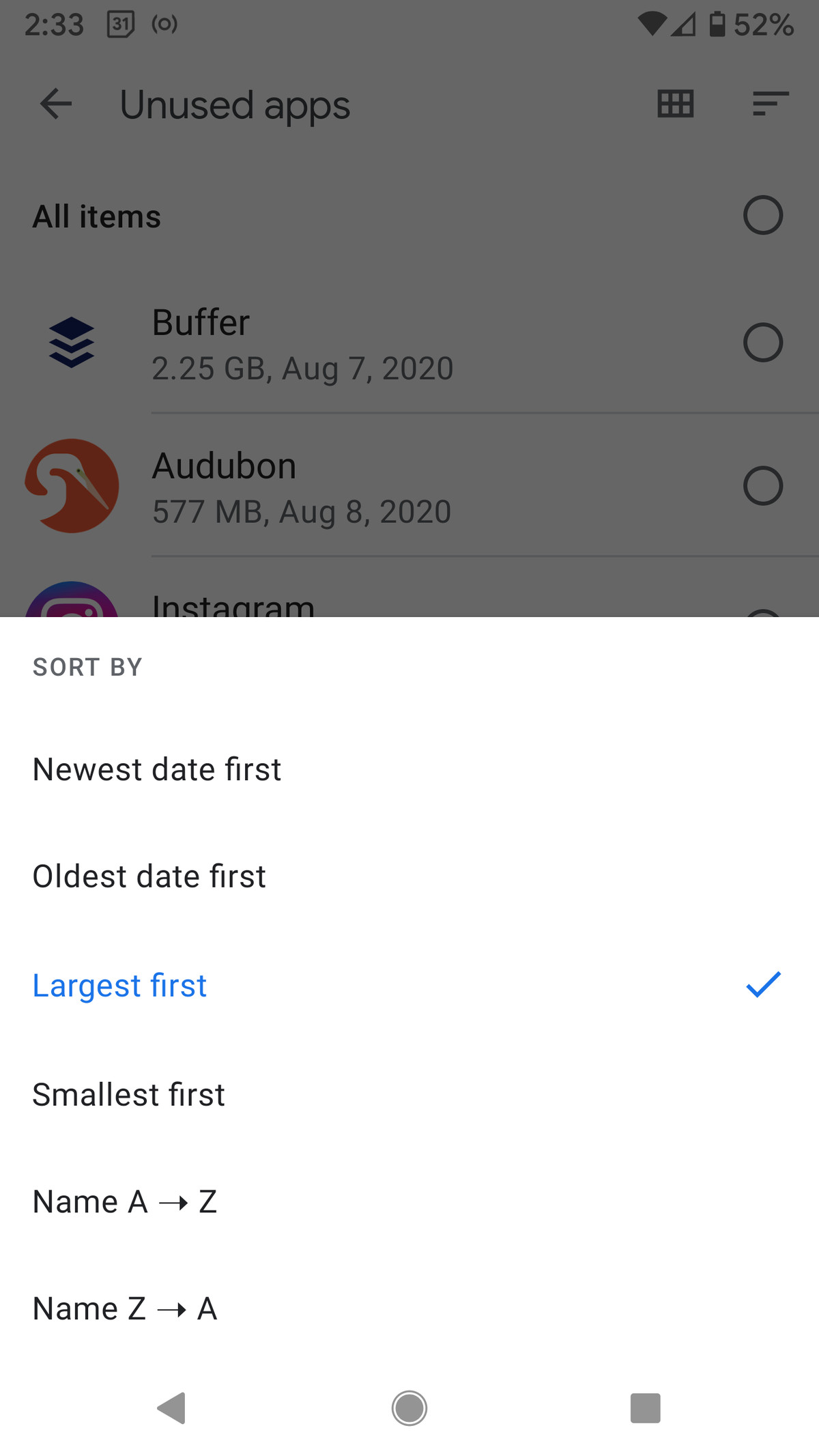 As with Google Play, you can sort the app list in several ways.