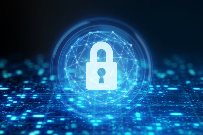 Illustration of a padlock over a glowing digital data panel.