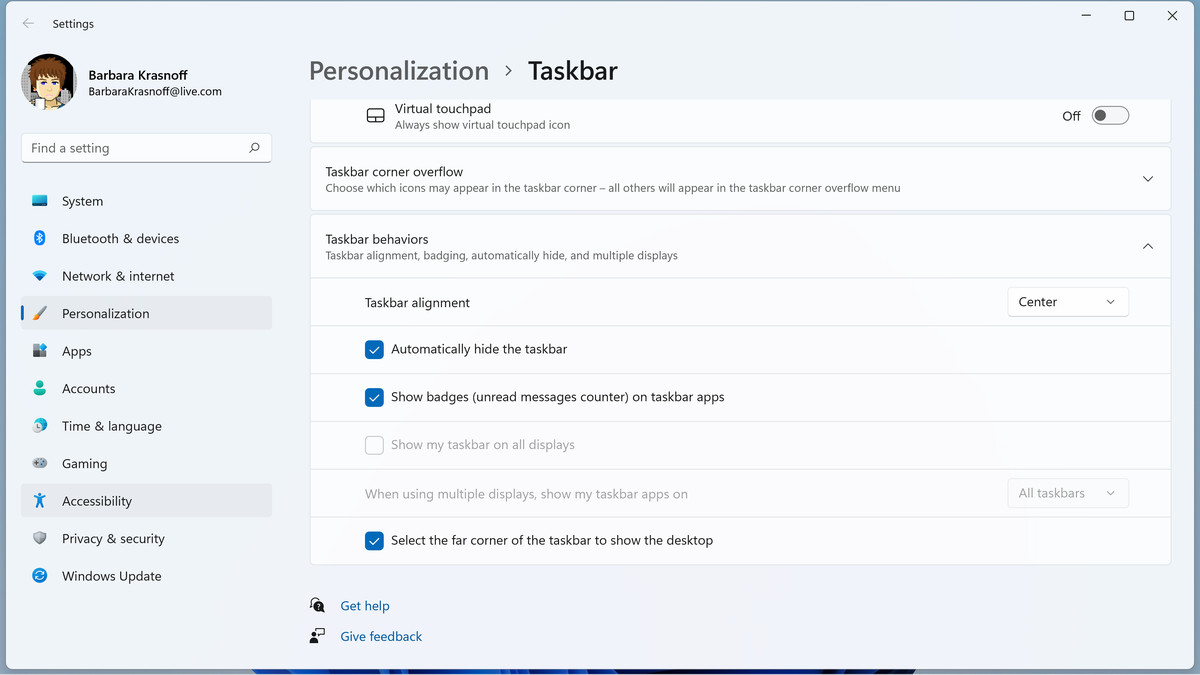 Taskbar behaviors include hiding the taskbar and showing unread messages.