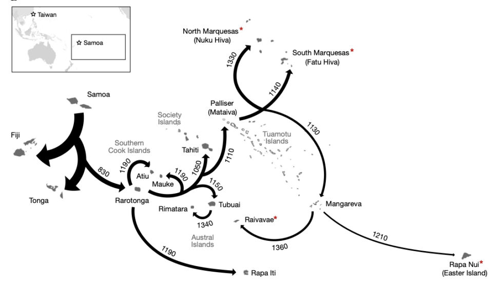 The map of the spread of Polynesians proposed in this research.