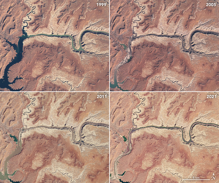 Natural color images from March 1999, April 2005, May 2011, and April 2021 by Landsat satellites chronicle the shrinking Lake Powell reservoir and Lower Colorado River.