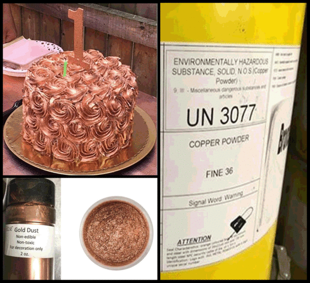 A birthday cake with rose gold dust frosting, a bottle of gold dust used for cake decorating, and industrial drums containing fine copper powder—Rhode Island, 2018.