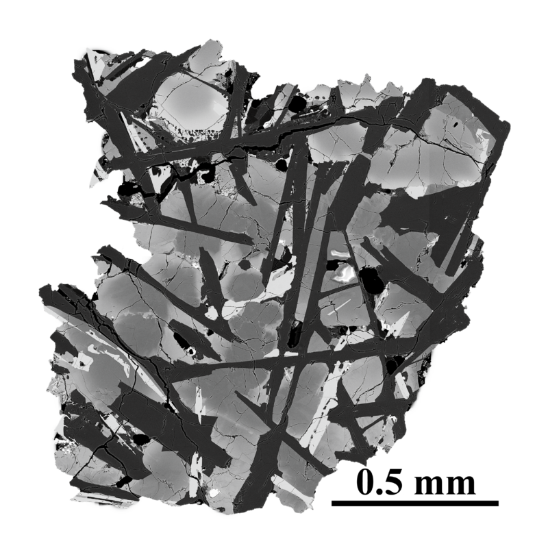 Greyscale image showing a slice through a rock with a complex structure.