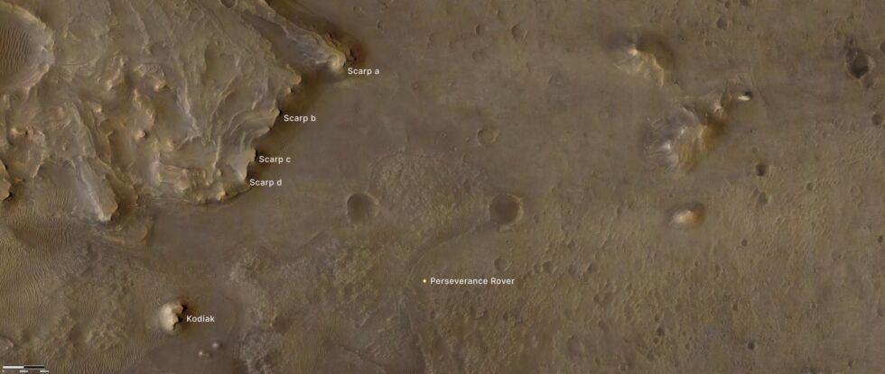 The northwestern edge of Jezero Crater, showing the rover's landing site, Kodiak Butte, and the large fan of delta deposits.