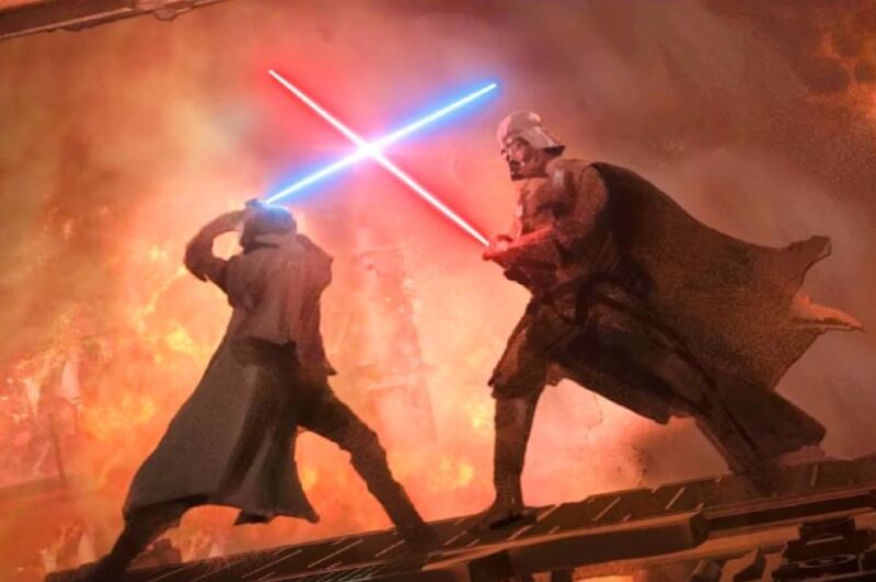 Concept art for <em>Obi-Wan Kenobi</em> shows the titular character locking light sabers with none other than Darth Vader.”><figcaption class=