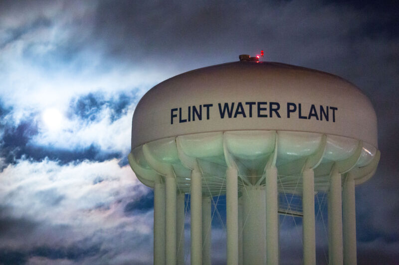 The city of Flint Water Plant water tower in Flint, Michigan.