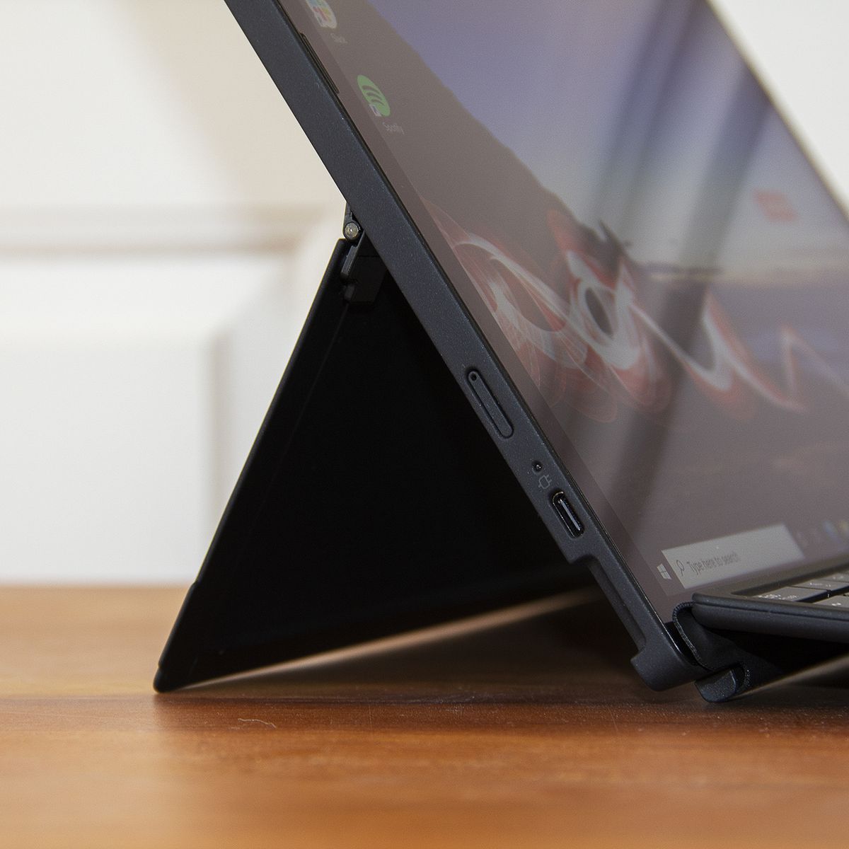 ThinkPad X12 Detachable kickstand from the left up close.