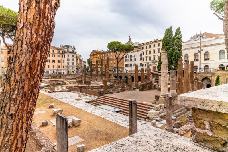 Relatively modern city surrounds ancient ruins.