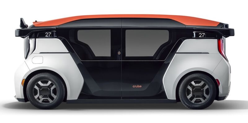 The Cruise Origin driverless car has a boxy, rectangular shape.