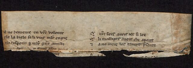 Recently discovered fragment of a French manuscript containing the epic story of Anseÿs de Gascogne.